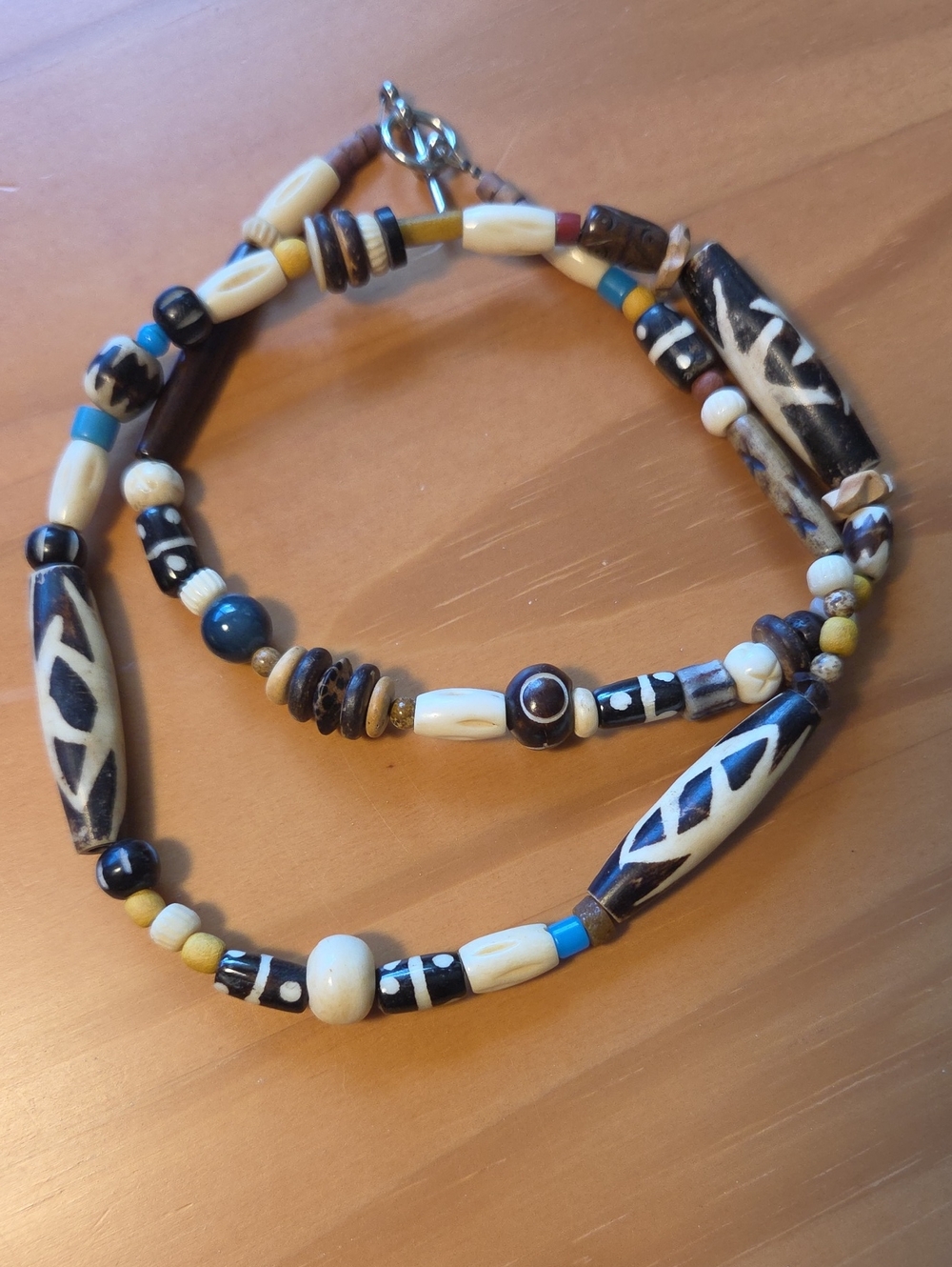 Handcrafted Tribal Bead Necklace - Bone/Gemstone- Black, Cream - Blue Accents